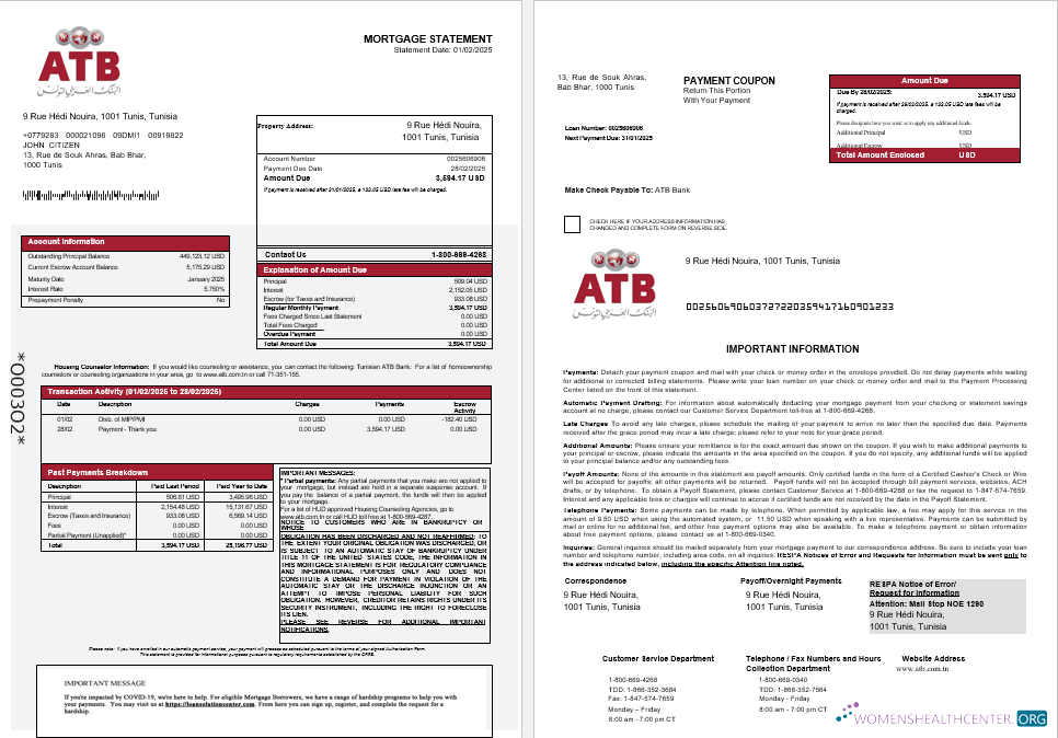 Download Tunisian ATB bank mortgage statement in Word and PDF formats 1 2 Photoshop template